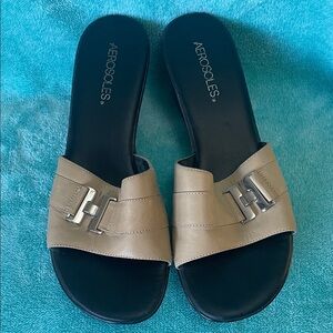 AEROSOLES Beige Slide Sandals with Silver Accent
